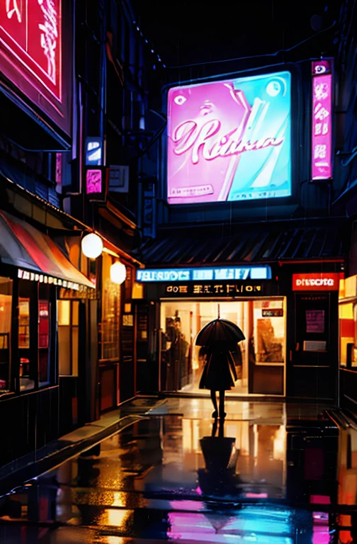 Dark Night、  woman、Neon sign reflected on a rainy sidewalk、restaurant along the street、 people are missing、 it's raining 、window