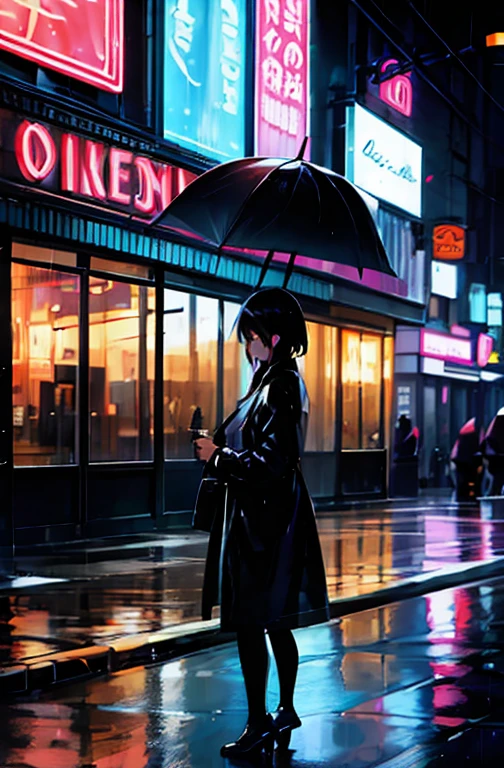 Dark Night、  woman、Neon sign reflected on a rainy sidewalk、restaurant along the street、 people are missing、 it's raining 、window