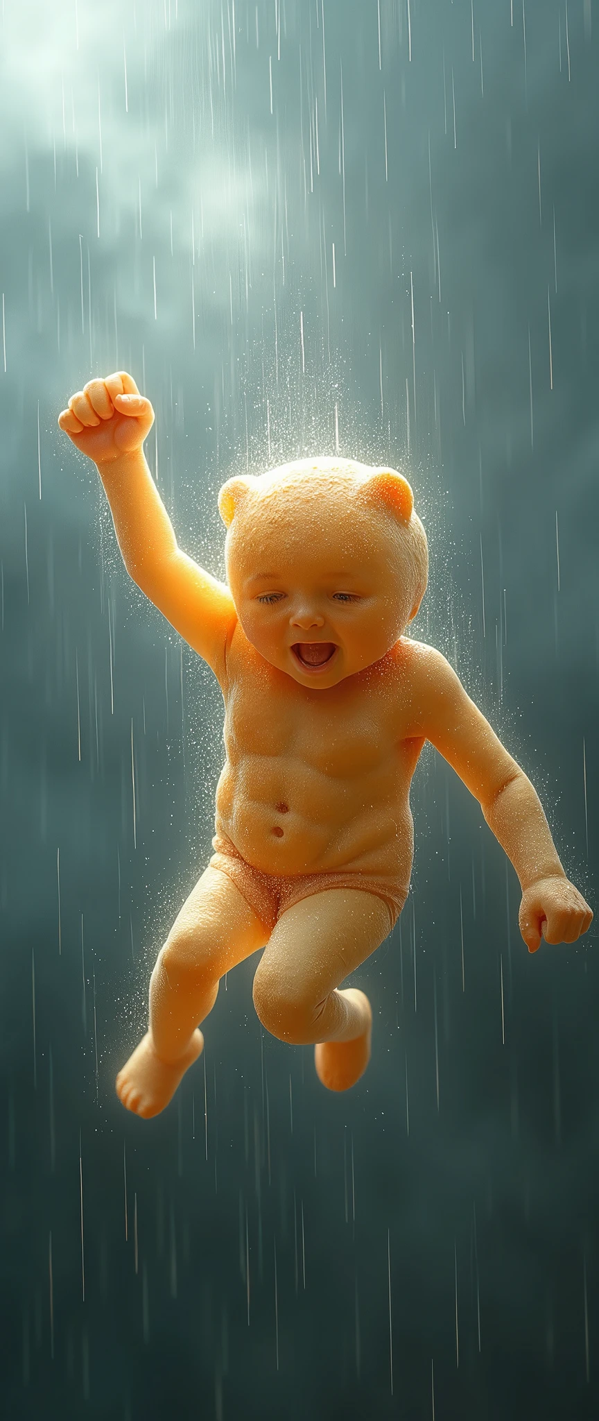 Photorealistic, Transparent bread Rapid Descent, in rain sky, upsidedown, arm up, fist, dynamic, 