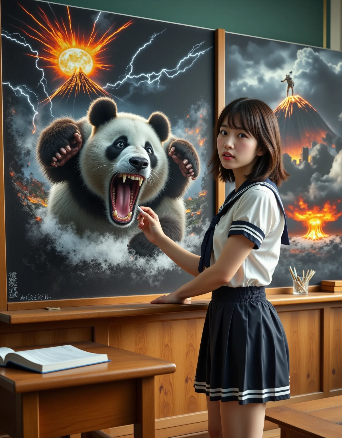 ultra-realistic, photorealistic, dramatic scene, shadow, global-illumination, solo, (perfect anatomy), (1 beautiful teenage Japanese high school ******* girl), wearing high school sailor uniform, in a classroom, the girl is drawing\(realistic Muay Thai fighter vs. terrifying man-eating panda, there are the shouting Muay Thai fighter and terrifying panda with fang, volcano, thunder, giant meteorite, Muay Thai fighter shows extremely painful expressions\) on a large blackboard using only chalk, professional lighting, peaceful sunny day, (very large blackboard), (A blockbuster artwork on a blackboard), she is holding a chalk and looking at viewers