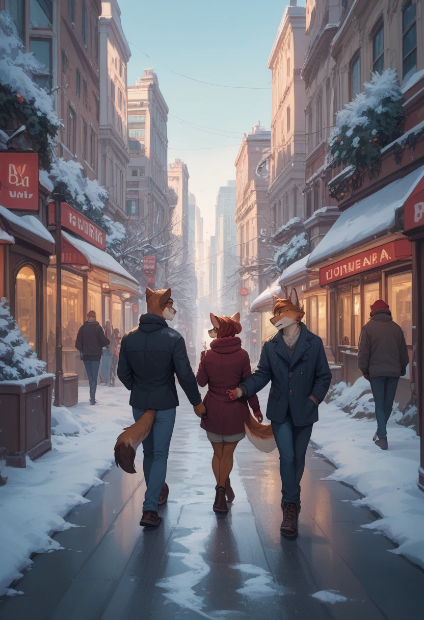 furry couple walking hand in hand , winter in the city background