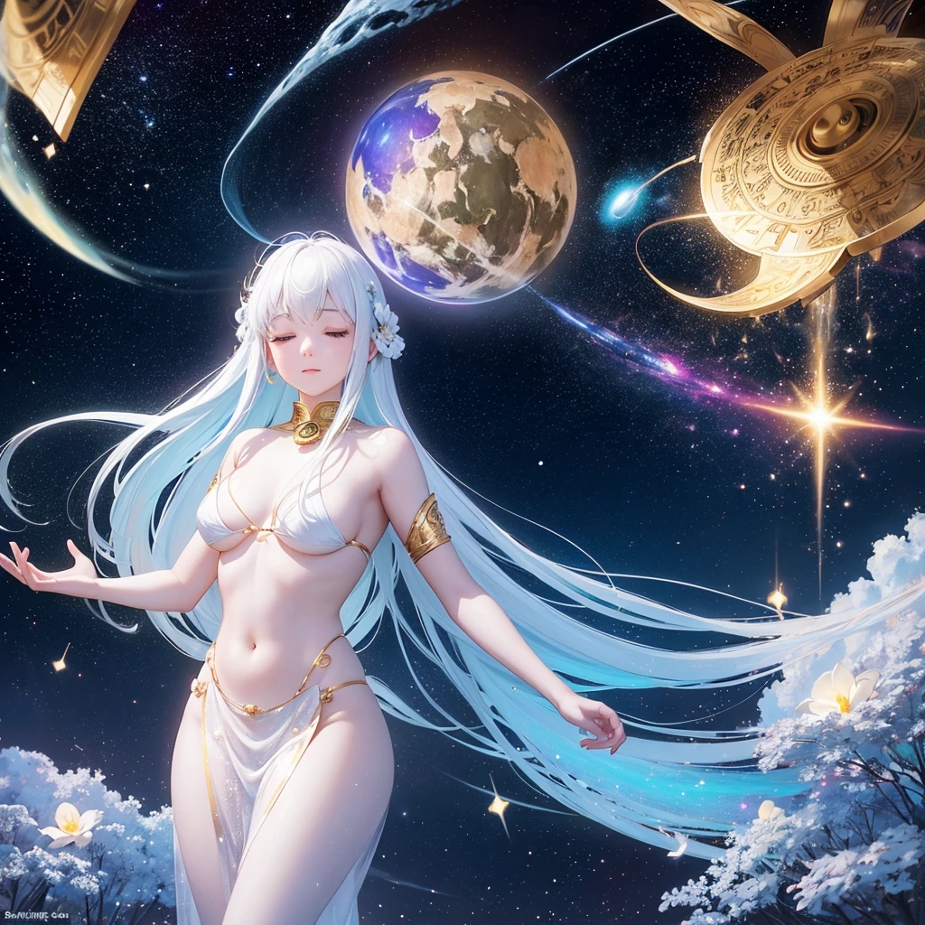 a goddess of the magic, sexy and beautiful, upright star totem float behind the back, magic circle on feets, halo, super textured skin, super detail face, perfect face, Super fine facial details, beautiful and delicate eyes, perfect eyes, anatomically correct, correct limbs, correct figner, super detail figner, best hair quality, best clothing quality, best prop quality, best halo detail and quality, best magic circle detail and quality, complex halo detail,