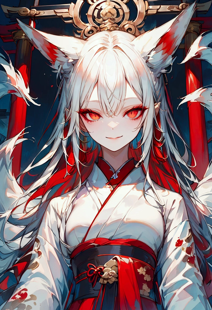 Masterpiece, highest resolution, highest quality, detailed depiction, beautiful, art, watercolor style, Japanese yokai, ((nine-tailed fox)), front shot、 shot from the front、 anthropomorphized fox, fair skin, slender eyes with distinct red eyeliner, Beautiful silver hair, long hair, fox ears emerging from the head, beautiful white and red kimono, cool beauty, midnight,   looking at a shrine 、((Smiling Face))、 open your mouth wide and laugh、Happy、Japanese house background、 4K graphics.