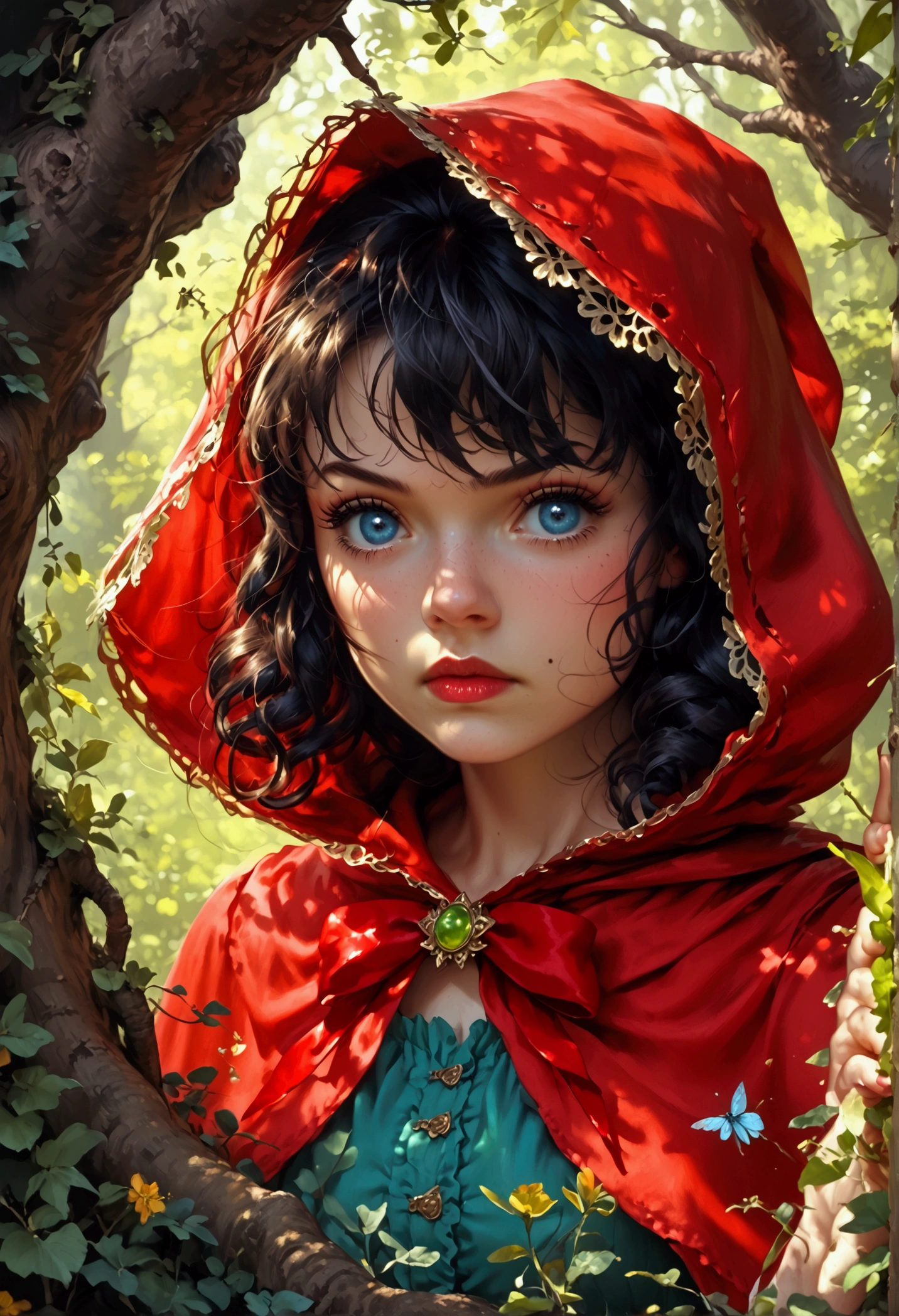 little red riding hood, as a naughty teenager, hiding behind a tree, her hand in her panties, nursery rhyme aesthetic, classic fairy tale illustration style. detailed, erotic,