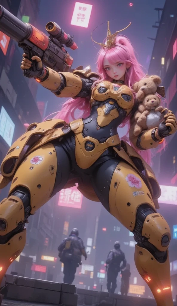 cute girly robot,flower pattern on body, heavy weapons,kawaii mood,Joints and gaps glowing pink.holding teddybear,newest anime style