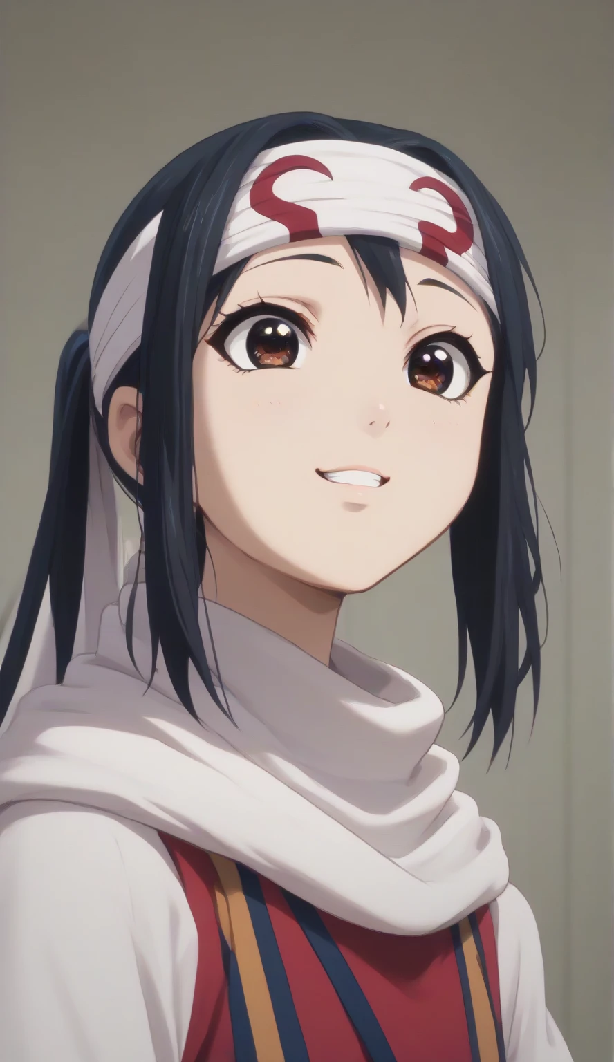 1girl black hair brown eyes very happy excited (((masterpiece, super detail, high details, high quality, best quality, highres, 1080P, 8k, 16k very accurate clothing score_9, score_8_up, score_7_up,))) cowl headband on forehead detailed clothing beautiful girl ((Azusa Nakano))