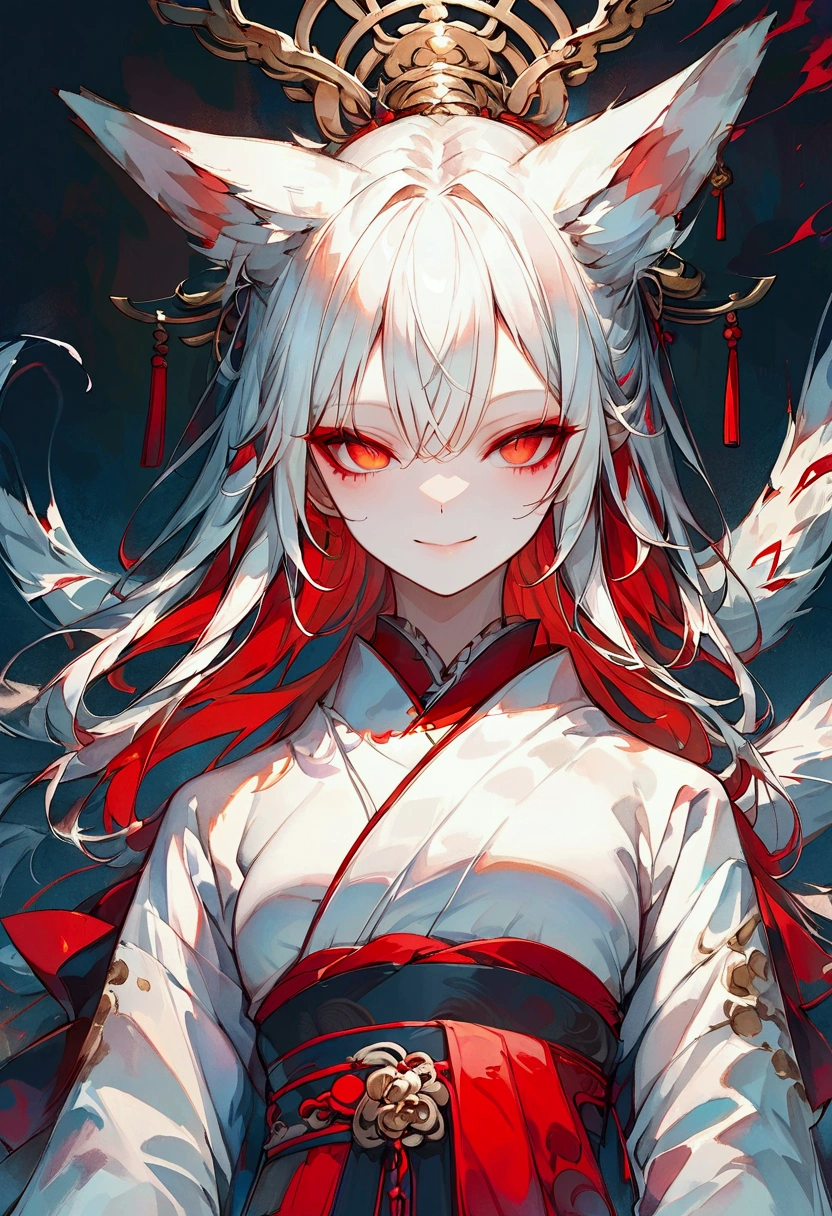 Masterpiece, highest resolution, highest quality, detailed depiction, beautiful, art, watercolor style, Japanese yokai, ((nine-tailed fox)), front shot、 shot from the front、 anthropomorphized fox, fair skin, slender eyes with distinct red eyeliner, Beautiful silver hair, long hair, fox ears emerging from the head, beautiful white and red kimono, cool beauty, midnight,  ((Smiling Face))、Happy、 4K graphics.