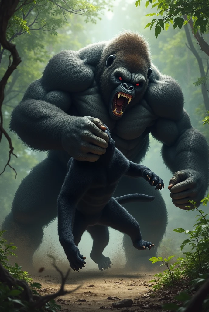 Gorila standing on a dead rihno that it fought 