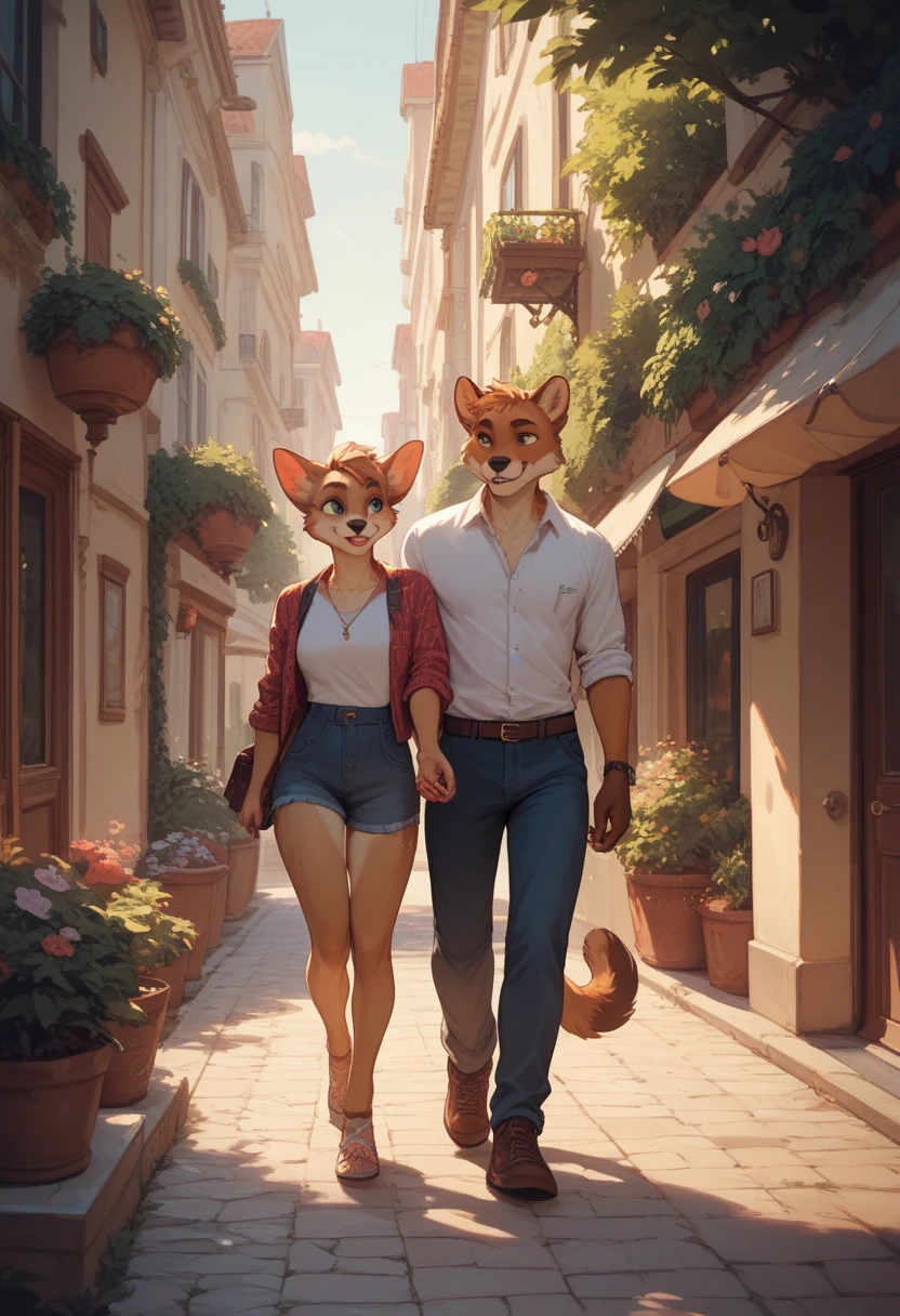 furry couple walking hand in hand casual clothes