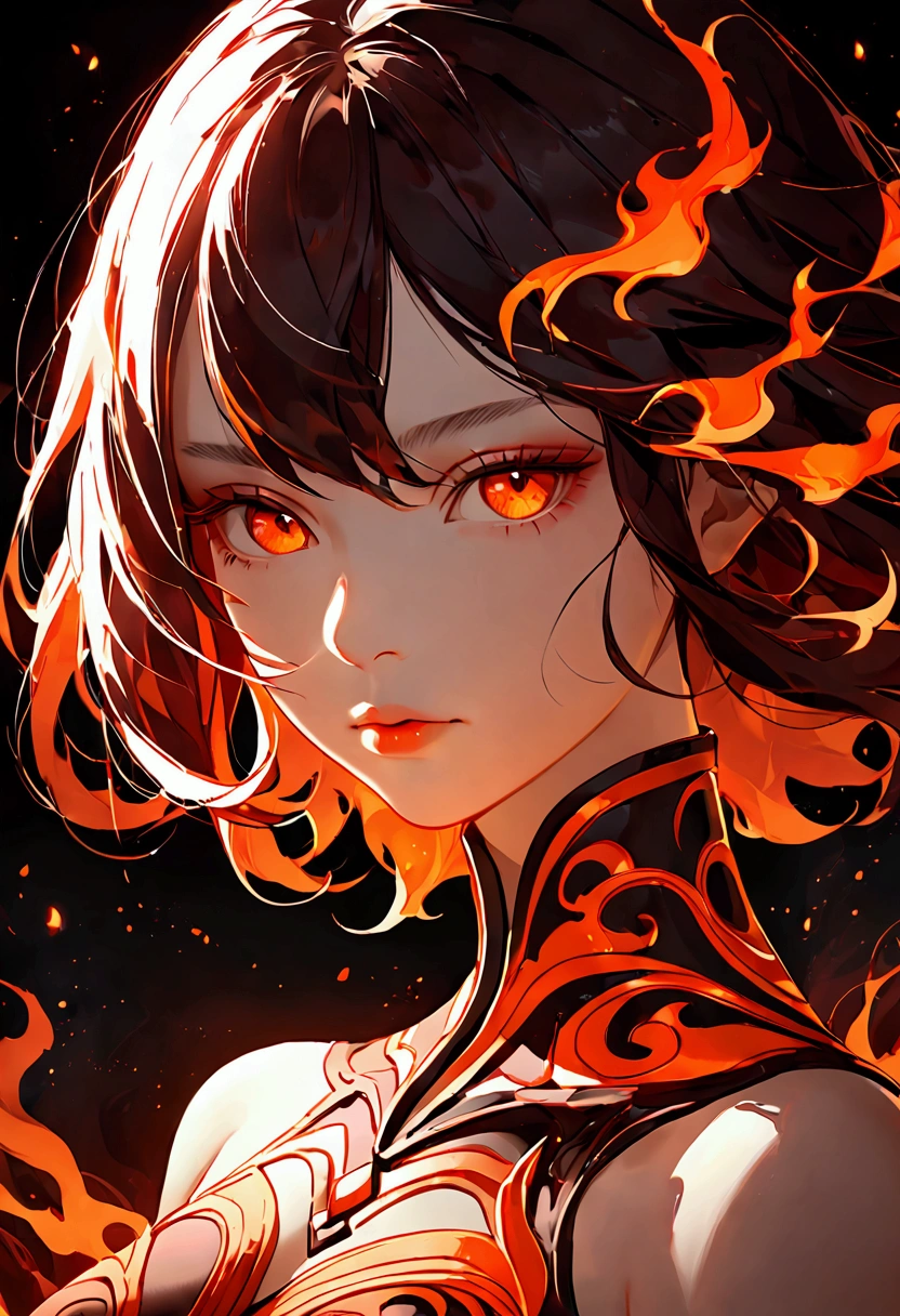 A young woman, likely of Asian descent, is depicted from the mid-chest up.  Her skin has a pale, cool tone, and intricate, dark, lava-like patterns cover her face, neck, and shoulders.  Her eyes are a glowing, fiery orange-red, and her lips are a soft, light pink.  Her expression is serene but with hints of intensity.  She is positioned slightly to the left of center in the frame. Her gaze is directed slightly to the viewer's right, and her pose suggests a calm yet powerful presence.  The environment appears to be an ethereal, dark setting with flying sparks or embers of fire in various shades of red and orange. The background is dimly lit, creating a dramatic contrast with the intense colors of the lava-like patterns and fiery eyes.  The image style is digital art, with a painterly and detailed aesthetic. The overall atmosphere is mysterious and captivating.  The lighting emphasizes her features, highlighting the contrast between the pale skin and the glowing, intense red and orange elements.