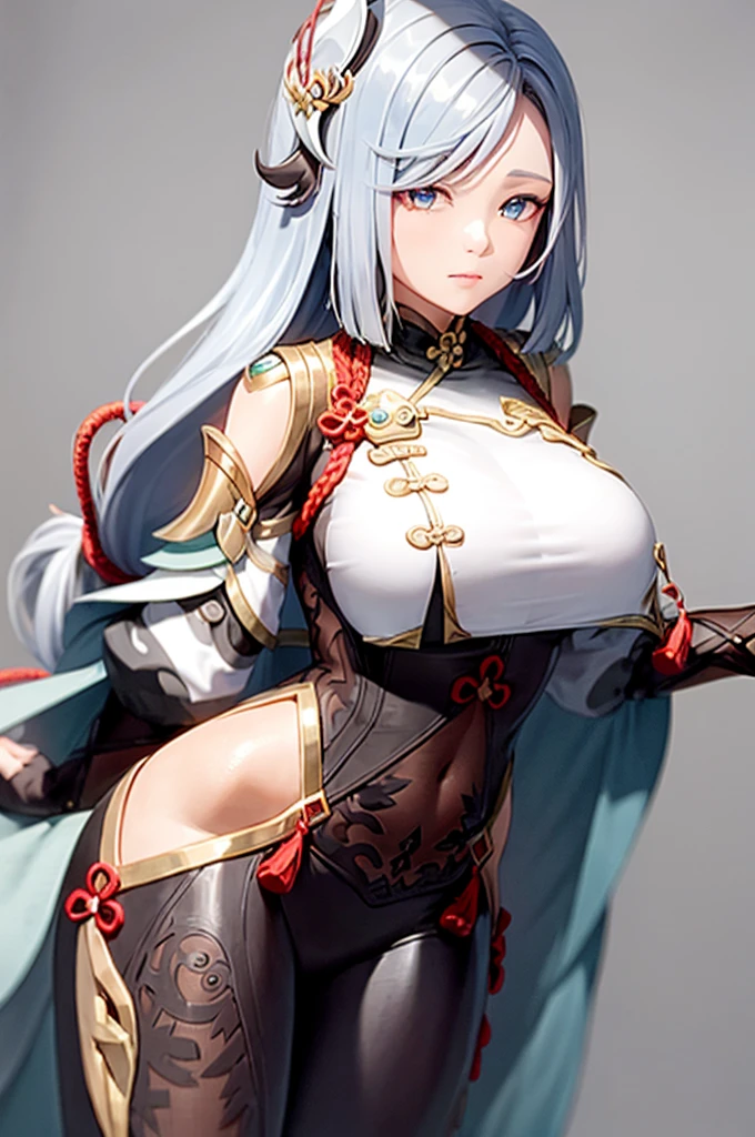 masterpiece,  best quality,  1 Girl,Shenhe \( genshin\),  Gray Hair , long hair,Hair accessories,  blue eyes,Braided Ponytail,Puff sleeves,Gold trim,Gloves, bodysuit,Big breasts, Chest Curtain , 肩部挖空, Covered Navel , hip ventilation ,Clothing Cutting, tassel, grey background,