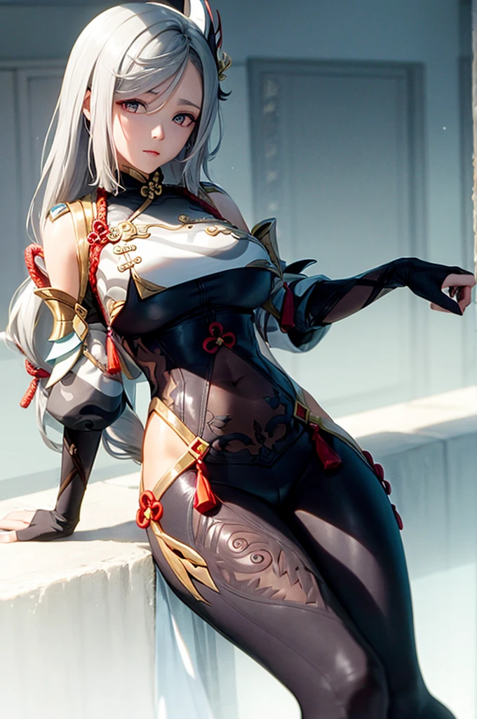 masterpiece,  best quality,  1 Girl,Shenhe \( genshin\),  Gray Hair , long hair,Hair accessories,  blue eyes,Braided Ponytail,Puff sleeves,Gold trim,Gloves, bodysuit,Big breasts, Chest Curtain , 肩部挖空, Covered Navel , hip ventilation ,Clothing Cutting, tassel, grey background,