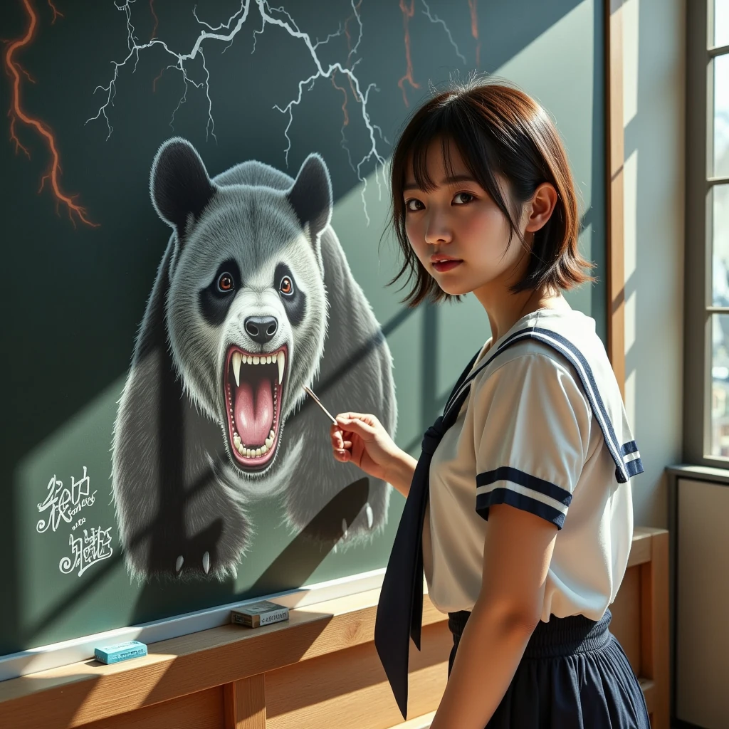 ultra-realistic, photorealistic, dramatic scene, shadow, global-illumination, solo, (perfect anatomy), (1 beautiful teenage Japanese high school ******* girl), wearing high school sailor uniform, in a classroom, the girl is drawing\(Muay Thai fighter vs. terrifying man-eating panda, there are the shouting Muay Thai fighter and terrifying panda with fang, volcano, thunder, giant meteorite, Muay Thai fighter shows extremely painful expressions\) on a large blackboard using only chalk, professional lighting, peaceful sunny day, (very large blackboard), (A blockbuster artwork on a blackboard), she is holding a chalk and looking at viewers