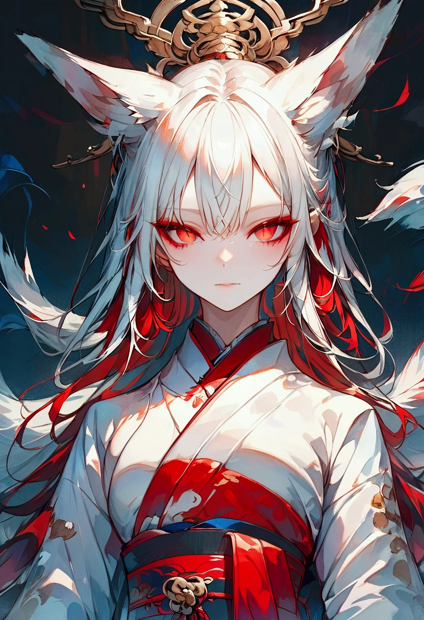 Masterpiece, highest resolution, highest quality, detailed depiction, beautiful, art, watercolor style, Japanese yokai, ((nine-tailed fox)), front shot、 shot from the front、 anthropomorphized fox, fair skin, slender eyes with distinct red eyeliner, Beautiful silver hair, long hair, fox ears emerging from the head, beautiful white and red kimono, cool beauty, midnight,  (( clear face))、Happy、 4K graphics.