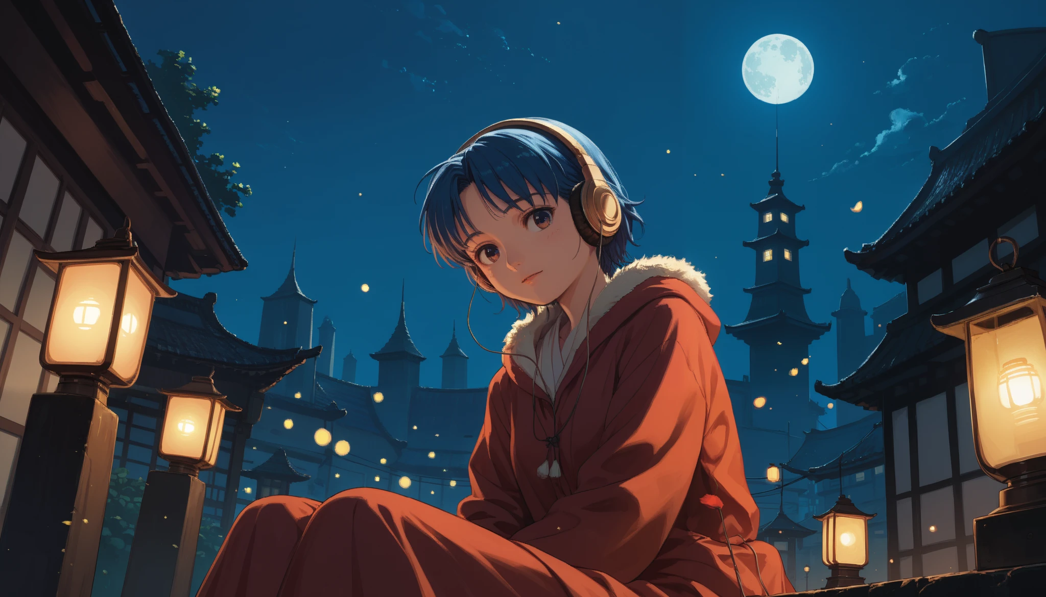 ((  better quality )),( Masterpiece)),(  Detailed ),( actual ),80s anime、Wide angle recording 、 Long distance shooting 、ghibli style、 Low-fidelity art style 、nostalgia、 Night view of the city、  woman sitting listening to music 、girl with headphones , eyes closed、   beautiful girl with half-short blue hair  ,  wallpaper，lantern， Lots of lanterns rise to the sky 