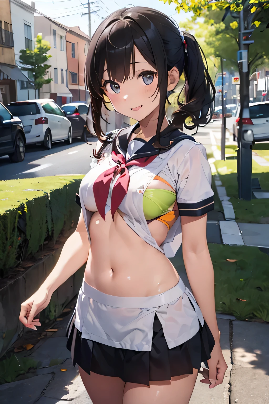 (top-quality)), ((masterpiece)),、 ((panty shot:1.5))、standing open legs、lift skirt 、(Cum in vagina overflows :1.5)、 tits、sobbing tears、(thong:1.0)、 kneehighs white、(cum in pussy vaginal:1.3)、cum in mouth、(sailor dress ,underboob,show off nipple:1.5)、many students around、Pussy focus under view