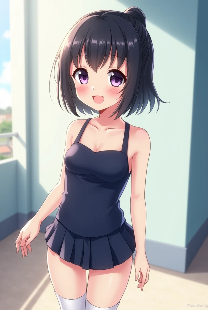 koga yuika big breast, short hari, big chest, short height, little girl, big breast, ((bare shoulder)), ((presenting armpit)), (see-through), cleavage, naughty face, ((bikini tanlines)), arm up, loli, swimsuit, twin tail, small girl, armpits, school uniform