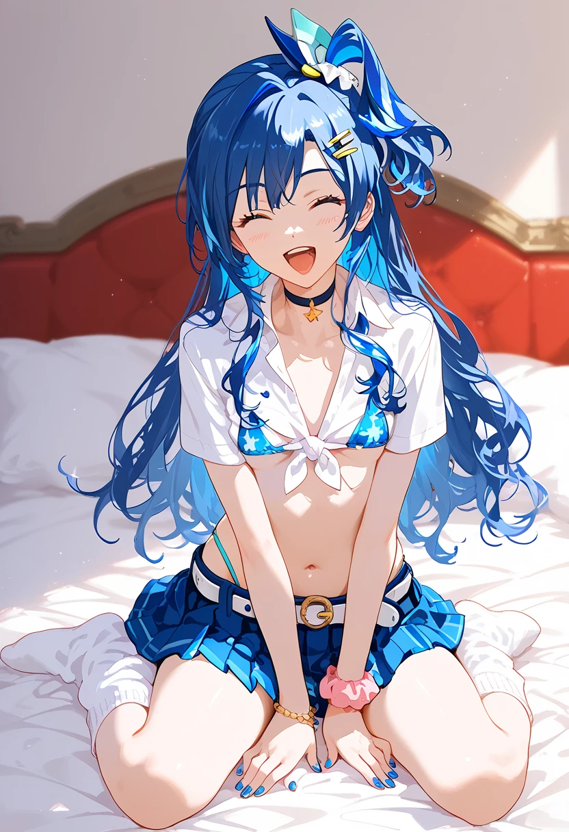 masterpiece, (((highest quality, perfect anatomy))), (full body), soft light, from front, at bedroom, sitting, closed legs, open knees, laugh, 1girl, kazanari_tsubasa, long hair, sidetail, indigo hair, hair ornament, looking at viewer, small breasts, navel, midriff, open_shirt, tied shirt, adjusting clothes, microskirt, pleated_skirt, loose_socks, print_bikini, highleg_bikini, micro_bikini, choker, belt, jewelry, nail_polish, scrunchie,