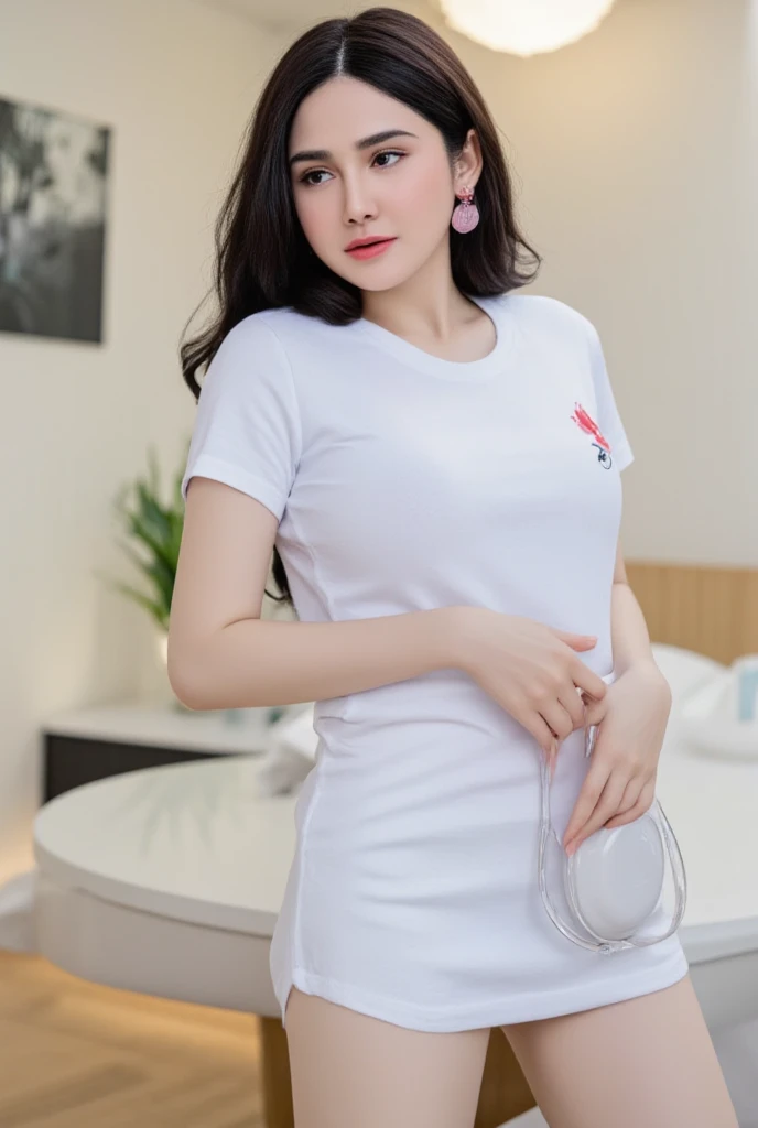 ​masterpiece、Top image quality:1.2、((beautiful young woman with))、Transparent skin:1.2、{A slight smil}、(kawaii)、Short sleeve knit、luxury hotel、depth of fields