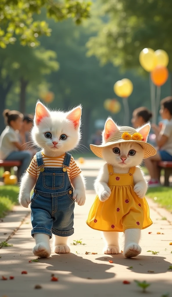 Baby Cats Walking Upright in a City Park Picnic
Two white baby cats are walking upright and forward on a sunny city park pathway. One wears denim overalls with a striped t-shirt, while the other sports a yellow dress with tiny red flowers and a matching sun hat. Their slightly dusty cheeks add charm. The background features lush green trees, families picnicking, a pond with ducks, and balloons tied to benches.