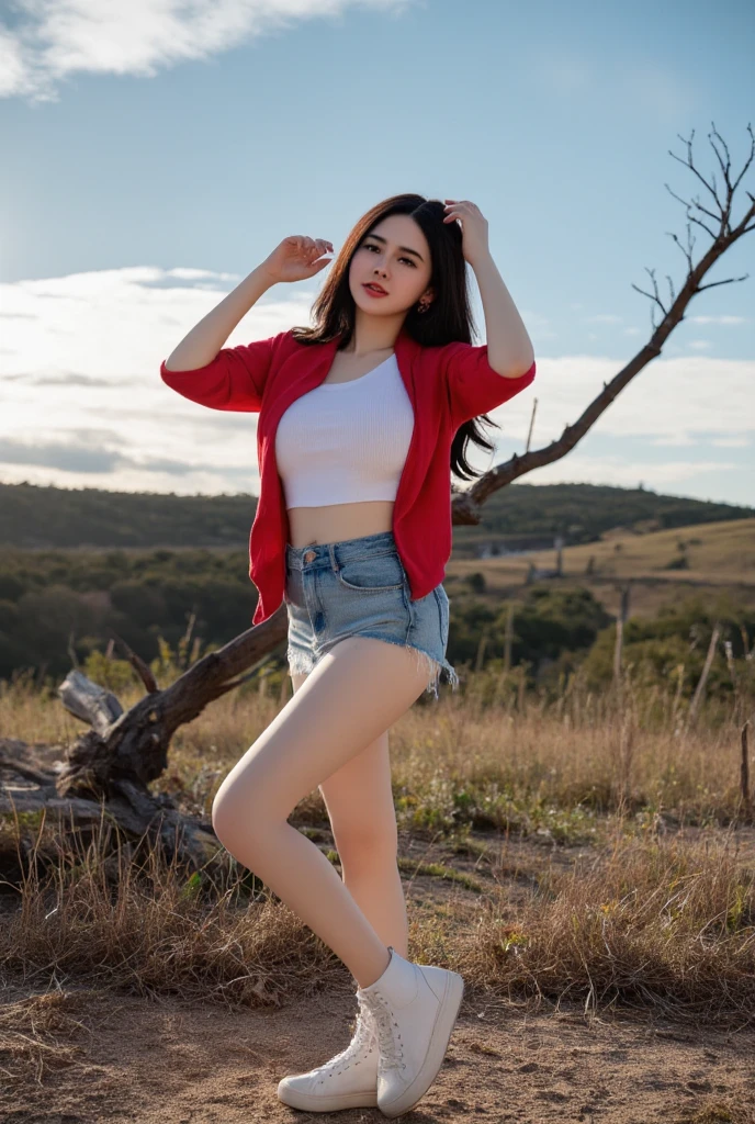 a beautiful young woman wearing shirt and mini skirt, dynamic pose,dynamic pose, dynamic background, dynamic lighting