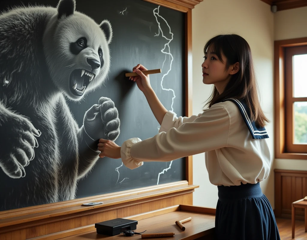 ultra-realistic, photorealistic, dramatic scene, shadow, global-illumination, solo, (perfect anatomy), (1 beautiful teenage Japanese high school student girl), wearing high school sailor uniform, in a classroom, the girl is drawing\(dessin style, faded, Muay Thai fighter vs. terrifying man-eating panda, there are the shouting Muay Thai fighter and terrifying panda with fang, volcano, thunder, giant meteorite, Muay Thai fighter shows extremely painful expressions\) on a large blackboard using only chalk, professional lighting, peaceful sunny day, (very large blackboard), (A blockbuster artwork on a blackboard), she is holding a chalk and looking at viewers