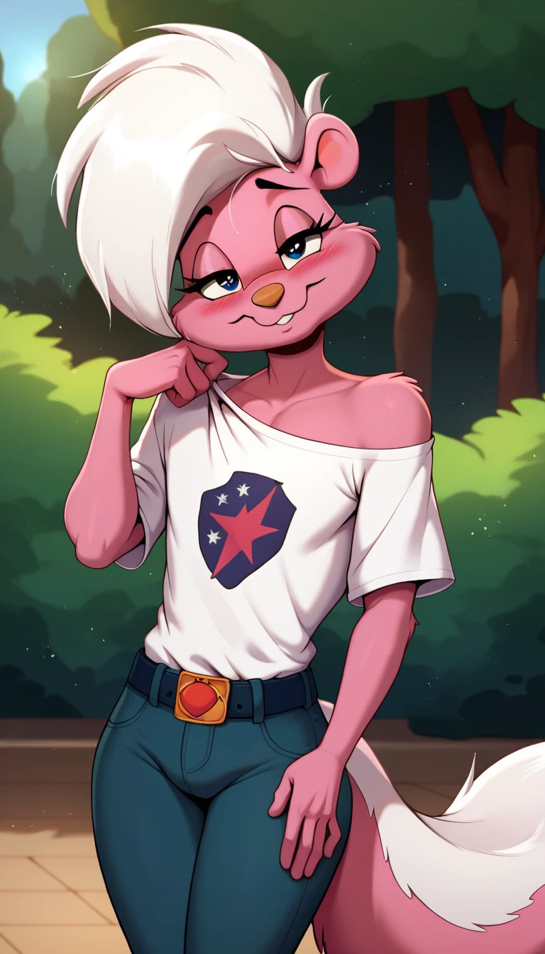 masterpiece, best quality, nervous expression, male, anthro, furry, pink fur, fluffy fur, BREAK, French striped skunk boy, Bimbette, gay furry, gay homophobic skunk, skunk ears, skunk nose, cute eyes, blue eyes, white female eyelids, female eyelashes, skunk tail, white hair, (white hair), solo, (outdoors), sunshine, detailed, big eyes, strong arms, white off-shoulder shirt, blue jeans with a belt on, happy, head tilt, adult (20 years), straight legs, half-closed eyes, blush, looking at the viewer, standing, (kilinah), light particles, score_9, score_8_up, score_7_up, score_6_up, score_5_up, score_4_up