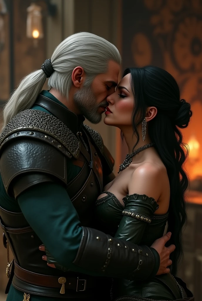 couple, beautiful yennefer of vengerberg with purple eyes, handsome geralt of rivia with cat eyes, yennefer wearing a sexy black dress, geralt in sexy suit, ultrasharp, looking at the viewer, ((best quality)), ((masterpiece)), (detailed), perfect face, big breast, sexy body, sexy man besides her, hugged, an scene of a man and woman hugging and kissing intensely, (masterpiece), (best quality), (ultra detailed), (illustration), standing, Fashion model, looking at viewer, (interview), (simple background), detailed eyes, beautiful face,(shining), focus on face, best lighting, best shadow, add detail,