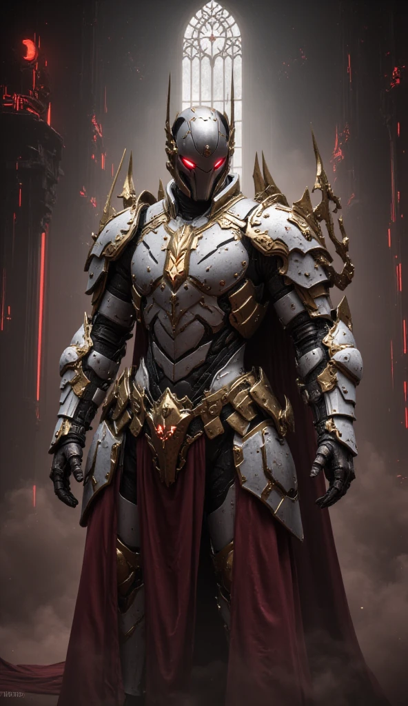  is possessed by a demon, a holy knight commander. Full Body Mechanized Image of an Adult Male. Robotic Muscle-Developed Body . wearing sacred white gold holy knight armor . Eyes Deep Red . standing inside a mysterious black and red church.Bold composition .COUNTLESS KNIGHT FOLLOWERS.Full body image with dark red glow in the eyes。He boldly stands in a mysterious black and red mechanical church， composition underlines his majestic presence 。 lights are very striking ， shadows cast by him highlight his armor and the church's bizarre atmosphere ，Mechanic robot ，Future Mechanism ， Cyberpunk 
