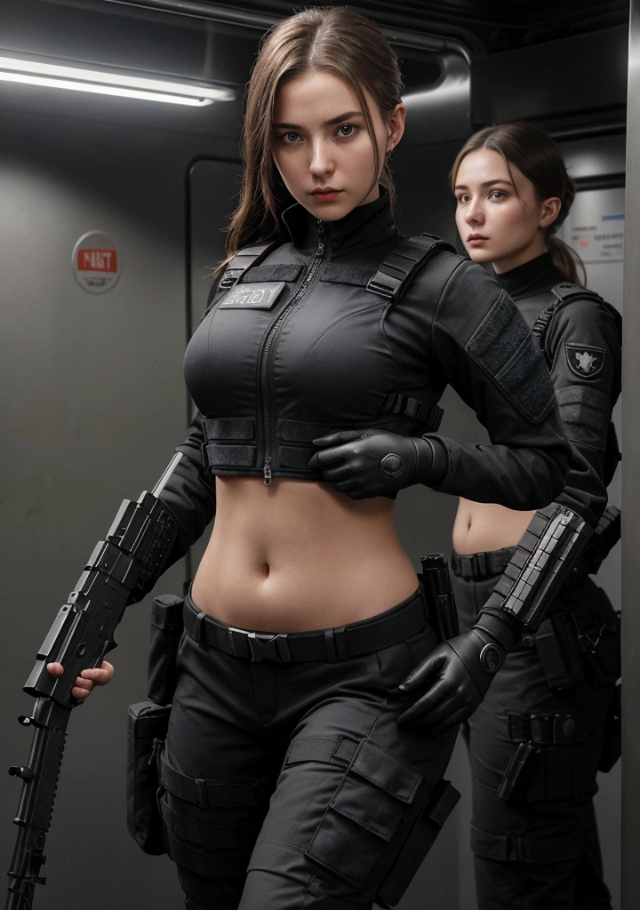 girl, slim, beautiful, sexy, big-breasted, detailed face, detailed eyes, detailed lips, long lashes, makeup, tight short police jacket, long sleeve, bare stomach, tight police pants, unloading, tactical gloves, walkie-talkie, best quality, 4k, 8k, highres, masterpiece:1.2, ultra-detailed, realistic, photorealistic, photo-realistic:1.37, HDR, UHD, studio lighting, ultra-fine painting, sharp focus, physically-based rendering, extreme detail description, professional, vivid colors, bokeh, portrait