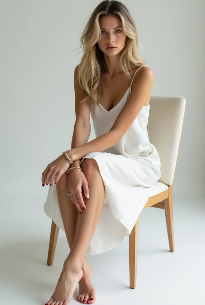 ((1woman, (solo, 1girl, alone), kohaku, blonde hair, blue eyes, tied hair)), smug, ((solo, (1woman, pink lipstick), Extremely detailed, ambient soft, (( white dress, long dress, elegant dress, fancy dress, high heels, sitting in an armchair, legs crossed, office, living room, modern apartment, necklace, bracelets, earrings, lamp ))