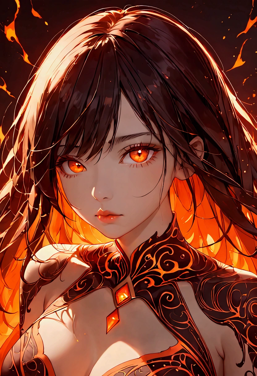 A young woman, likely of Asian descent, is depicted from the mid-chest up.  Her skin has a pale, cool tone, and intricate, dark, lava-like patterns cover her face, neck, and shoulders.  Her eyes are a glowing, fiery orange-red, and her lips are a soft, light pink.  Her expression is serene but with hints of intensity.  She is positioned slightly to the left of center in the frame. Her gaze is directed slightly to the viewer's right, and her pose suggests a calm yet powerful presence.  The environment appears to be an ethereal, dark setting with flying sparks or embers of fire in various shades of red and orange. The background is dimly lit, creating a dramatic contrast with the intense colors of the lava-like patterns and fiery eyes.  The image style is digital art, with a painterly and detailed aesthetic. The overall atmosphere is mysterious and captivating.  The lighting emphasizes her features, highlighting the contrast between the pale skin and the glowing, intense red and orange elements.