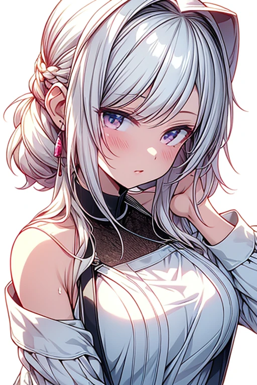 Masterpiece, Best Quality, High Resolution, Cat Ears Girl, Ponytail, Pink Eyes, Hair Between Eyes, Bangs, Silver Hair, Clavicle, Halter Neck, Breasts, Very Long Hair, Small, School Swimsuit