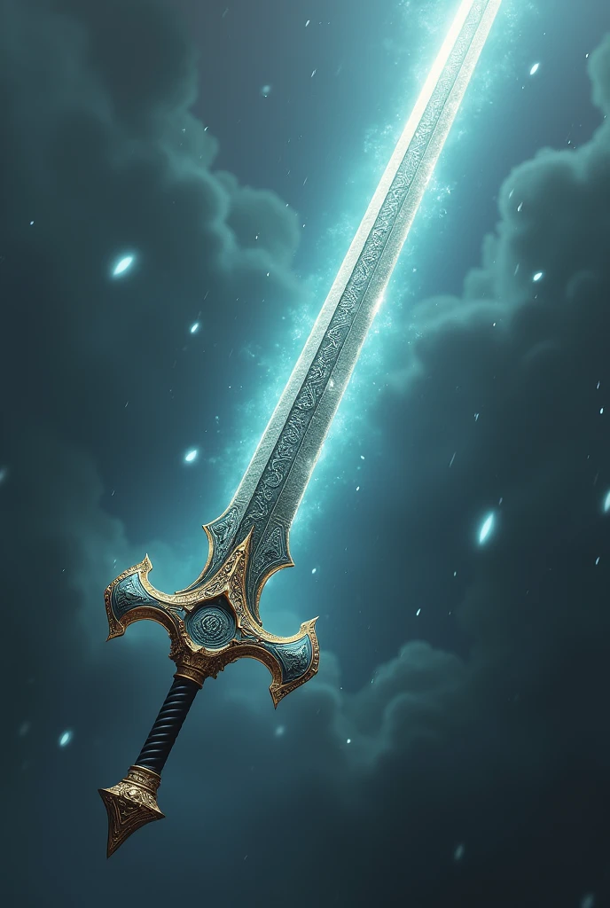 A sword is in mid-air falling to the earth rapidly; it is a beautiful and arcane sword with intricate designs; it is rapidly descending with its point towards the ground
