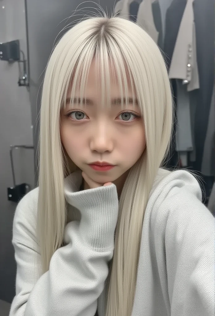 Beautiful girl with brown eyes and white hair, doing funny face