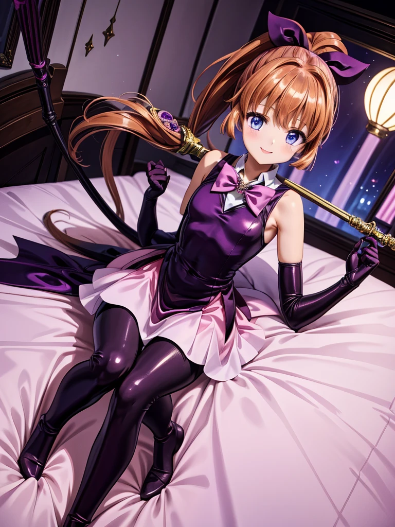 one girl, Meimi Haneoka, Saint tail, cute face, thin and tall, smile, blue eyes, brown long hair, ponytail with ribbon, magical girl, dark purple and pink sleeveless dress, dark purple elbow gloves, dark purple pantyhose, dark purple thigh boots, magical stick, full body shot, lie on the bed, indoor view