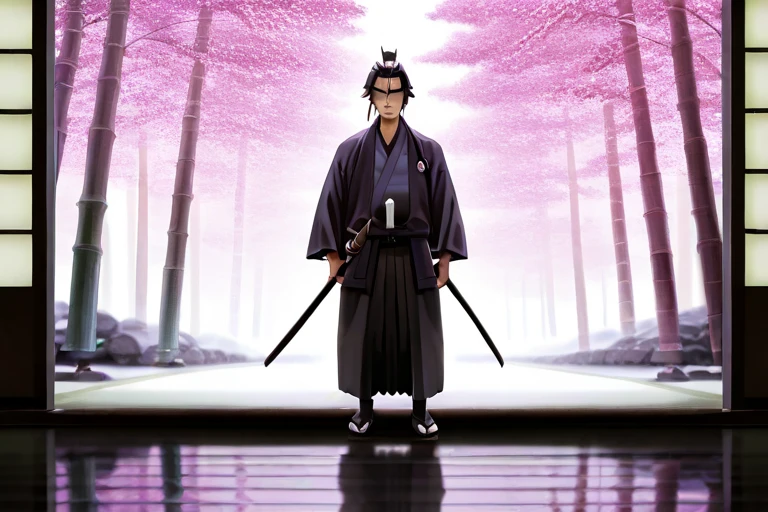 A highly detailed illustration of a skilled samurai swordsman. The character is a male warrior with a calm and composed expression, wearing traditional Japanese armor and a dark, flowing kimono. His katana is unsheathed, reflecting light, and his stance is ready for combat, exuding grace and power. The background features a tranquil bamboo forest under soft moonlight, with falling cherry blossoms adding a sense of elegance. Art style is highly realistic, with intricate textures, sharp shadows, and subtle highlights, capturing the essence of historical Japanese aesthetics. Dynamic composition, cinematic lighting, and a sense of movement in the swordsman’s posture