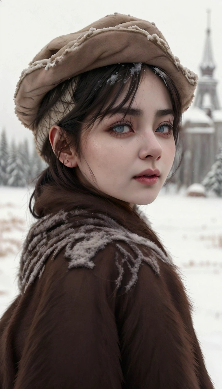 arafed woman in a fur coat and hat in the snow, by Oleg Oprisco, inspired by Oleg Oprisco, winter princess, inspired by Anka Zhuravleva, in snow, in the snow, style of julia razumova, by Anka Zhuravleva, taehyung, V BTS, tae hyung, V, taehyung bts, russian style