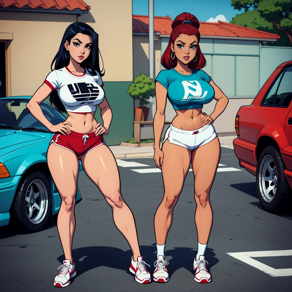 two cartoon women in bikinis and baseball caps are standing in a garage, alena aenami and lilia alvarado, extremely detailed artgerm, range murata and artgerm, realistic bikini, artgerm and genzoman, ig model | artgerm, style artgerm, artgerm and atey ghailan, swimsuit amysmart