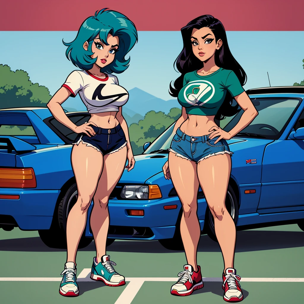 2 anime girls, topless, wearing blue panties, tattoos their chest, tattoos on their arms, standing next to a purple lowrider car, by the lake, 8k, full frame
