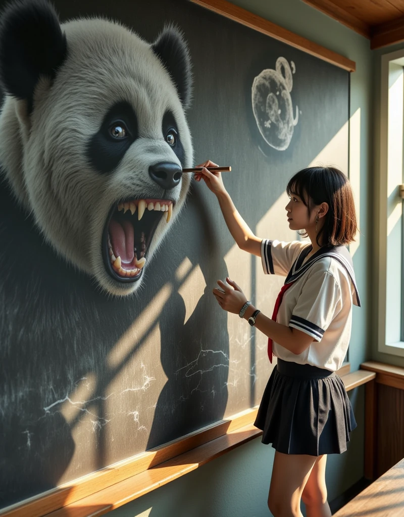 ultra-realistic, photorealistic, dramatic scene, shadow, global-illumination, solo, (perfect anatomy), (1 beautiful teenage Japanese high school student girl), wearing high school sailor uniform, in a classroom, the girl is drawing\(dessin style, faded, monotone, Muay Thai fighter vs. terrifying man-eating panda, there are the shouting Muay Thai fighter and terrifying panda with fang, volcano, thunder, giant meteorite, Muay Thai fighter shows extremely painful expressions\) on a large blackboard using only chalk, professional lighting, peaceful sunny day, (very large blackboard), (A blockbuster artwork on a blackboard), she is holding a chalk and looking at viewers