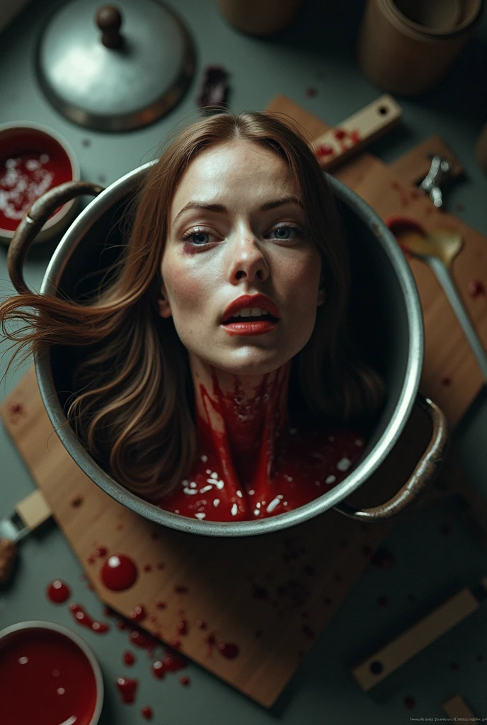 Busty injured mermaid laying unconscious, ((wounded)), cut and bloodied in wooden cutting board in the kitchen. Her chest has cut wounds, a giant knife beside her, close up, oil painting