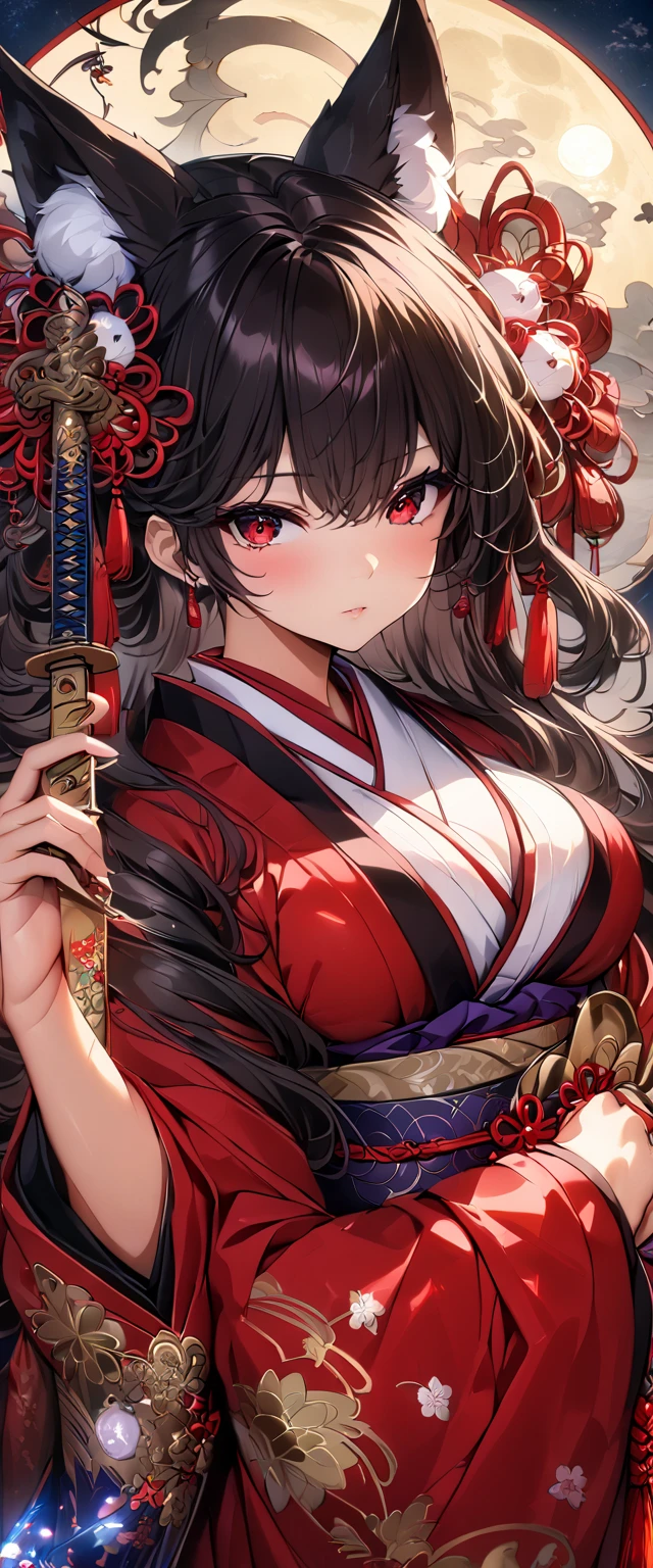Japan, Red kimono, open shoulders, beautiful breasts, neckline, Samurai Sword, flower petals, Black background, realistic 