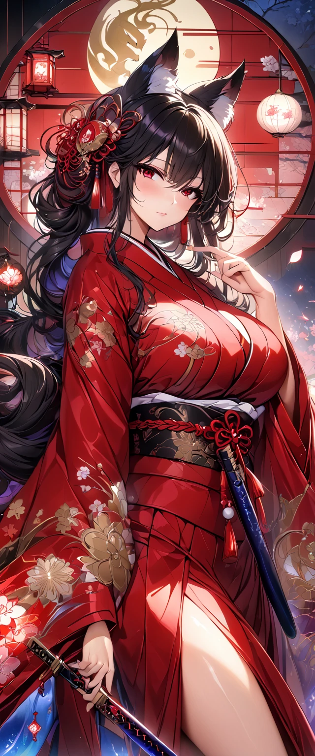 Highest quality, Ultra-high resolution, (Realistic: 1.4), beautiful Eyes, Super beautiful女性,30 years old、Full Body Shot、 beautiful, Warrior, Japanese clothing、Dance、((Black Hair、Updo Hair)),Red tones、inflammation、beautiful Soldier, Eyes that beckon, Mistress's point of view, Droopy eyes、Attractive look, Sexy smile, Perfect Style, Perfect balance、Large Breasts、 Detailed skin, Mischievous Gaze,beautiful背景