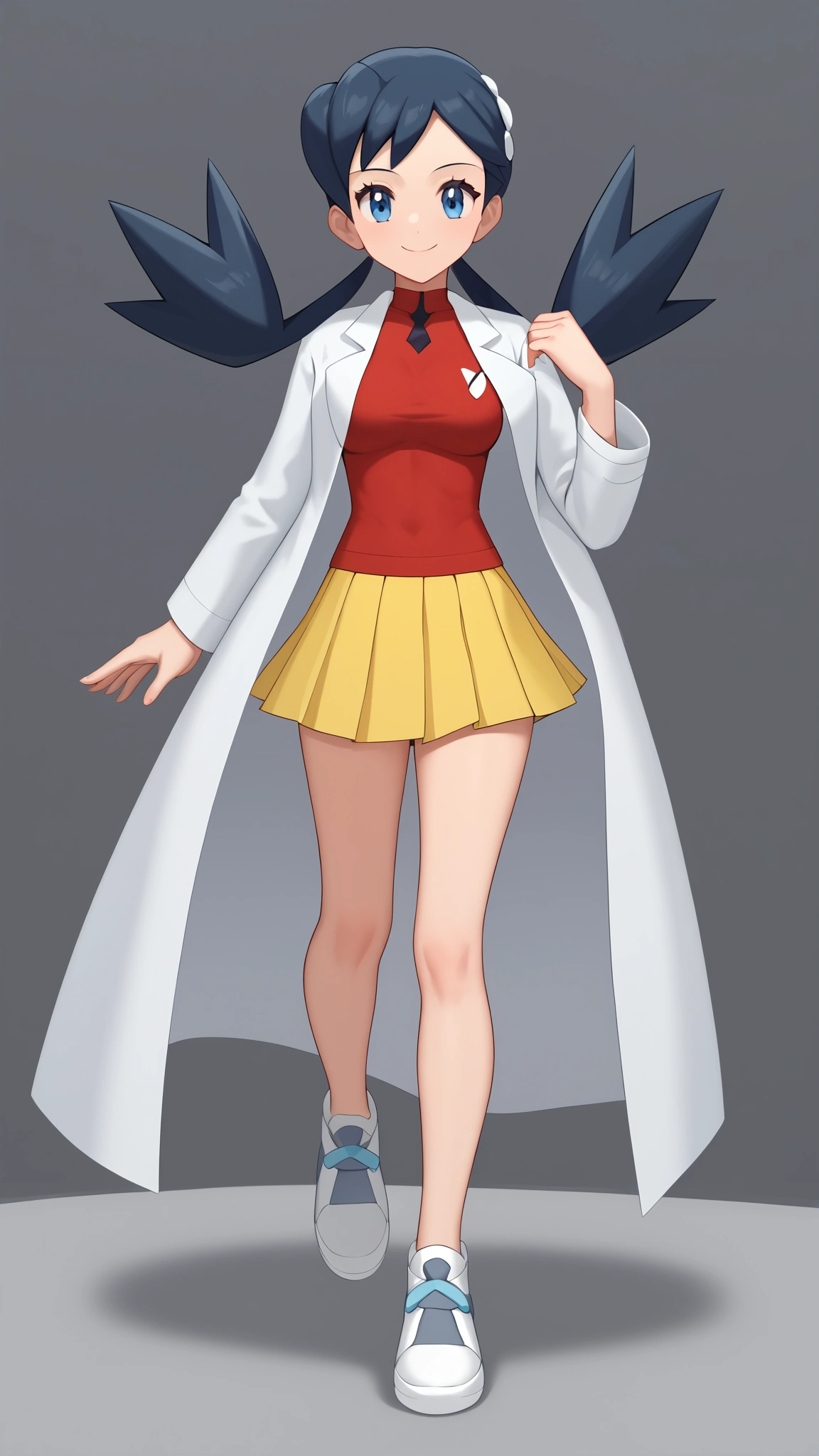 ( top quality)), ((masterpiece)), ( Details), 1girl, Blue-black hair,  Twin Tails ,  blue eyes,  yellow pleated mini skirt, red sleeveless shirt, white doctor coat , White shoes, Thighs,  beautiful feet, Ample breasts,  Tall,  viewers of the pin, 1 Female, Age 18,  standing with different breasts , whole body, Place one hand on hip,  slim figure,  sexy smile,  Seductive Smile,  score_9,  score_8_Excellent,  score_7_Excellent,  score_6_Excellent,  source_Anime,  cell shading ,  Flat Color , vector, indoor, Research Room, (\ Pokémon\), Two legs, two arms,