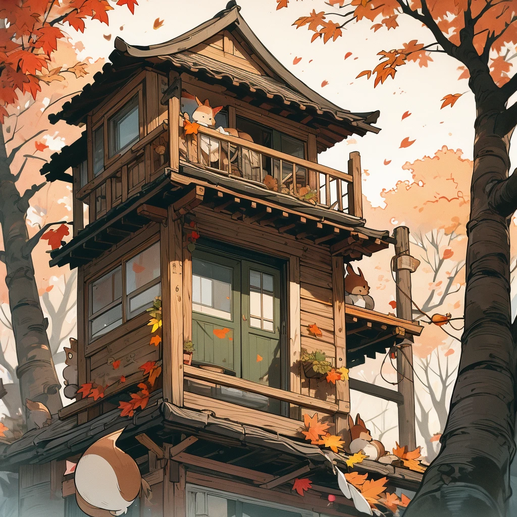 Sammy the Squirrel waking up in his cozy treehouse bed, looking surprised. His room is filled with autumn leaves and a small, empty basket. Alone, solo,