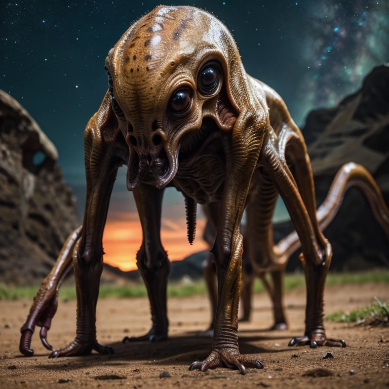 scary brown alien creatures crawling on the ground at night, medium shot the scene is，Full body like，highly detailed surreal VFX 