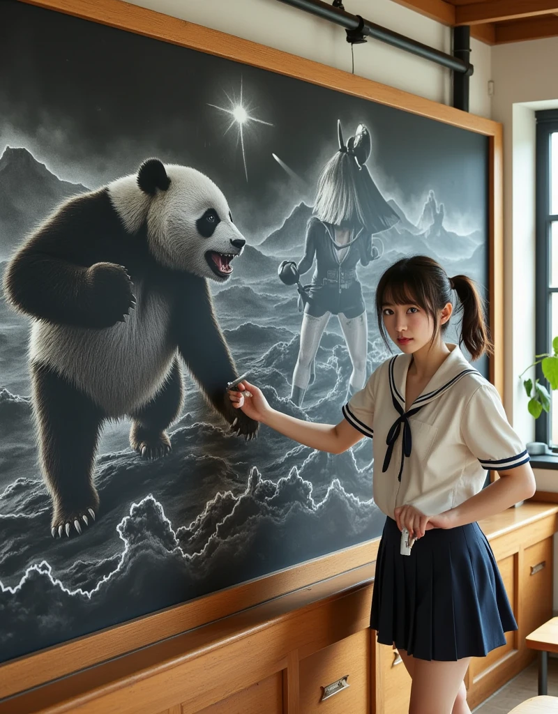 ultra-realistic, photorealistic, dramatic scene, shadow, global-illumination, solo, (perfect anatomy), (1 beautiful teenage Japanese high school student girl), wearing high school sailor uniform, in a classroom, the girl is drawing a battle scene\(dessin style, faded, monotone, Muay Thai fighter vs. terrifying man-eating panda, there are the shouting Muay Thai fighter and terrifying panda with fang, volcano, thunder, giant meteorite, Muay Thai fighter shows extremely painful expressions\) on a large blackboard using only chalk, professional lighting, peaceful sunny day, (very large blackboard), (A blockbuster artwork on a blackboard), she is holding a chalk and looking at viewers