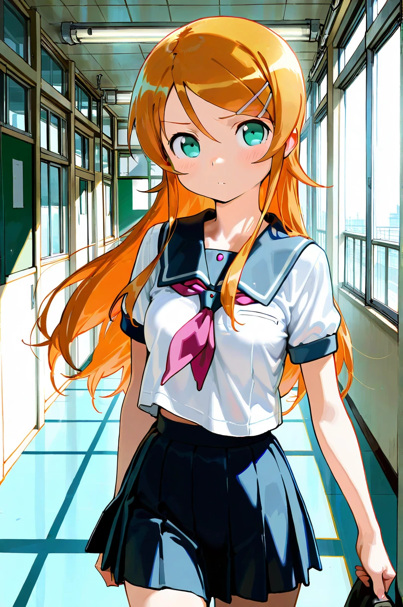  masterpiece ,  top quality,  score_9,  score_8_up,  score_7_up, break (  1 girl ,, kousaka kirino, Height 1.65 meter  , Slim 45kg , Alone,   long hair, medium blast  :1.4,   hair clip ,  orange hair,School,  sailor suit, Aqua Eyes,   blue eyes),break (walking),break (cowboy shot,upper body,breasts focus)