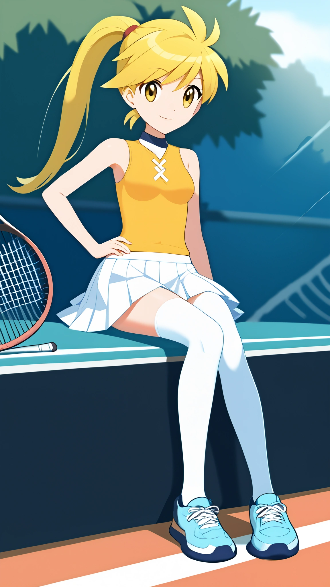  Golden Hair ,  ponytail,  long hair, Yellow Eyes, White tennis wear,  white pleated mini skirt,  white knee-high stockings reflective on glass floors,  absolute domain, white lace up shoes , Ample breasts,  Tall,  viewers of the pin, 1 Female, Age 16,  standing with different breasts , whole body, Place one hand on hip,  ANIME COLORING BOOK,  slim figure,  sexy smile,  Seductive Smile,  score_9,  score_8_Excellent,  score_7_Excellent,  score_6_Excellent,  top quality,  source_Anime,  cell shading ,  Flat Color , vector,  detailed background,  tennis court in white,  break 1 girl , (\ Pokémon\), Outdoor, Two legs,